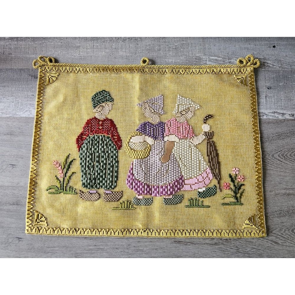 Vtg Decor Tapestry Wall Art Hanging Handmade Needlecraft Ribbon Girls Boy 18x14